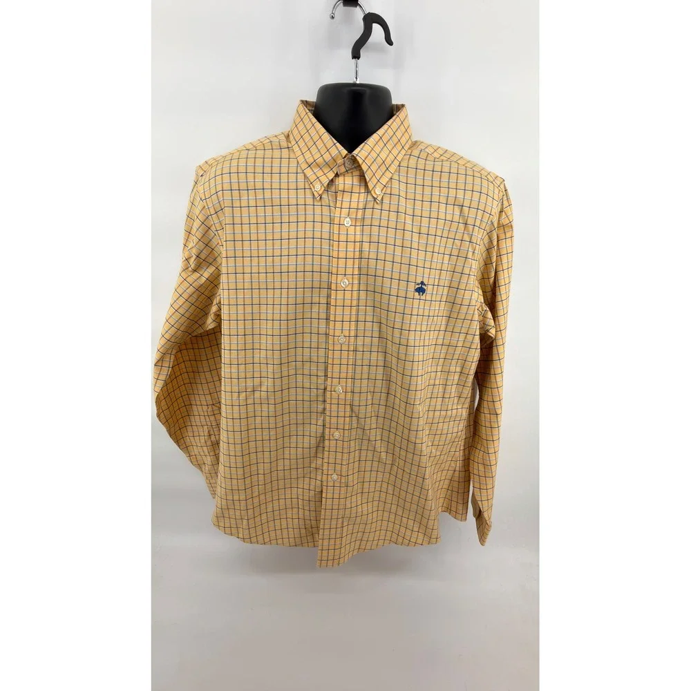 Brooks Brothers Shirt Mens Large L Yellow Plaid Slim Fit Non‎ Iron Supima Cotton